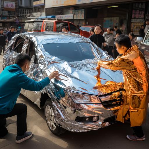multiple angry chinese people struggling to do a chrome car wrap.