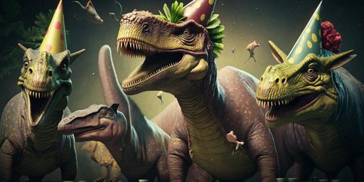 multiple dinosaurs, 8th birthday party, hyper realistic, 4k --v 4 --ar 2:1
