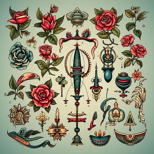 multiple flash, vintage old school tattoo designs in full color ink, in the style of large-scale canvas, classic tattoo motifs including swallows, compass, hula, sailor, scrolled banners, daggers, hearts, skulls, tattoo-inspired, simple designs, shaped canvas --s 750