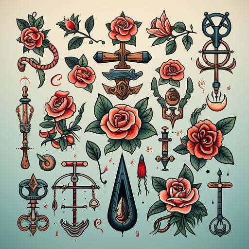 multiple flash, vintage old school tattoo designs in full color ink, in the style of large-scale canvas, classic tattoo motifs including swallows, compass, hula, sailor, scrolled banners, daggers, hearts, skulls, tattoo-inspired, simple designs, shaped canvas --s 750