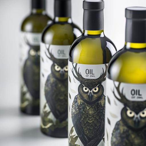 multiple organic bottles of olive oil WIth suspended horned owl eyes, clean modern design, clever packaging, grey and black, olive green, delicate cutouts, negative space, logo 