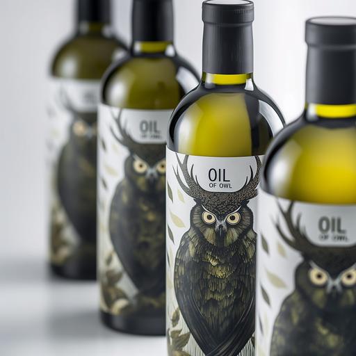 multiple organic bottles of olive oil WIth suspended horned owl eyes, clean modern design, clever packaging, grey and black, olive green, delicate cutouts, negative space, logo 