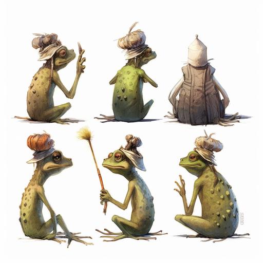 multiple pose sheet, view from the back, older frog with long neck, 5 hairs on head, spike dog collar, story book illustration style, cute, isolated on white