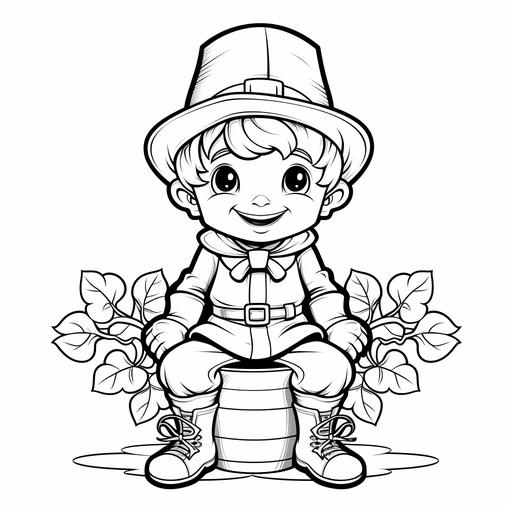 coloring page for kids, leprechaun, hat sitting on four leaf clover, cartoon style, thick black lines, white background