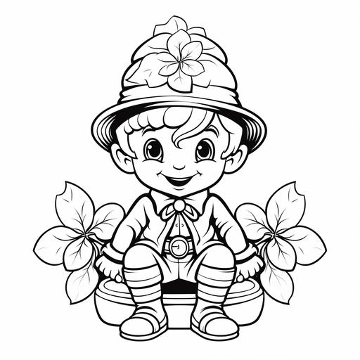 coloring page for kids, leprechaun, hat sitting on four leaf clover, cartoon style, thick black lines, white background