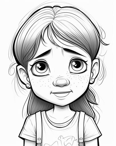 little girl crying, Pixar illustration style coloring page for kids, thick lines, simple drawing high detail, --ar 11:14 --v 5.0 --s 250