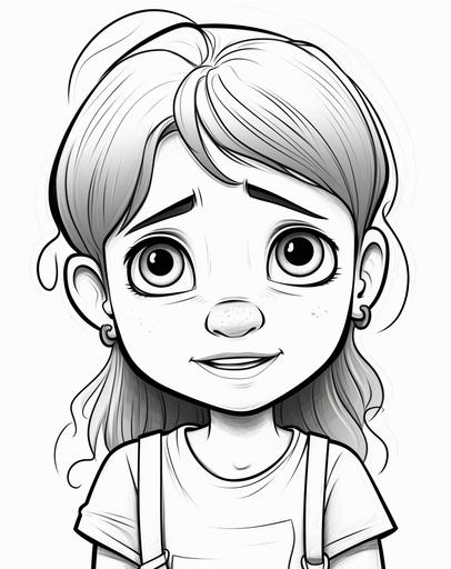 little girl crying, Pixar illustration style coloring page for kids, thick lines, simple drawing high detail, --ar 11:14 --v 5.2