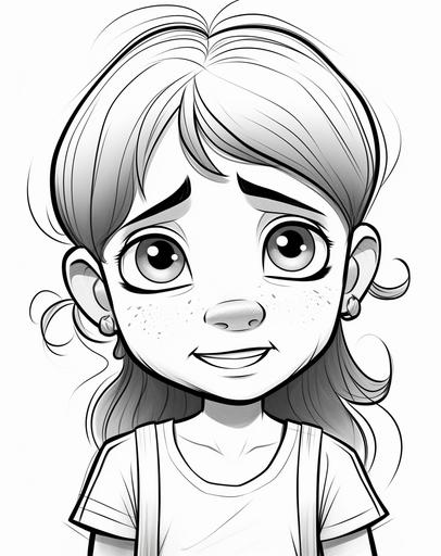 little girl crying, Pixar illustration style coloring page for kids, thick lines, simple drawing high detail, --ar 11:14 --v 5.2