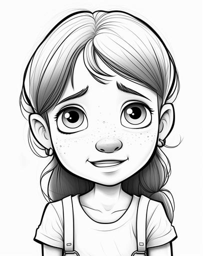 little girl crying, Pixar illustration style coloring page for kids, thick lines, simple drawing high detail, --ar 11:14 --v 5.2