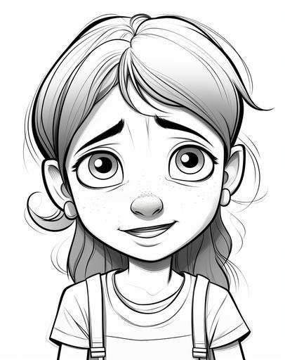 little girl crying, Pixar illustration style coloring page for kids, thick lines, simple drawing high detail, --ar 11:14 --v 5.2