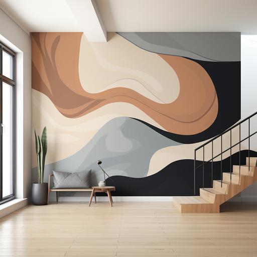 mural design for a staircase wall going up, black white and cool pastel brown, minimalist abstract art