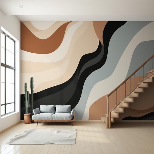 mural design for a staircase wall going up, black white and cool pastel brown, minimalist abstract art