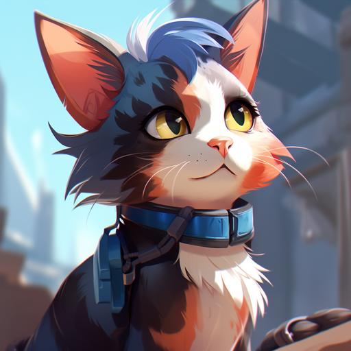 muscular cute calico cat,overwatch game,cartoon style,colorful,city,blue hair,brown eyes