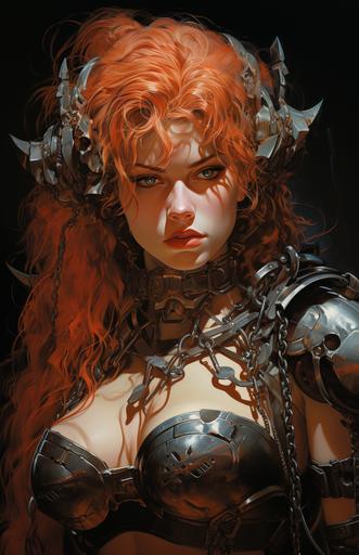 muscular female barbarian in 🦀 armor. Art by Frank Frazetta and Gil Elvgren and Boris Vallejo. Extreme close-up. Ferocious. --chaos 35 --ar 11:17 --s 750 --style raw