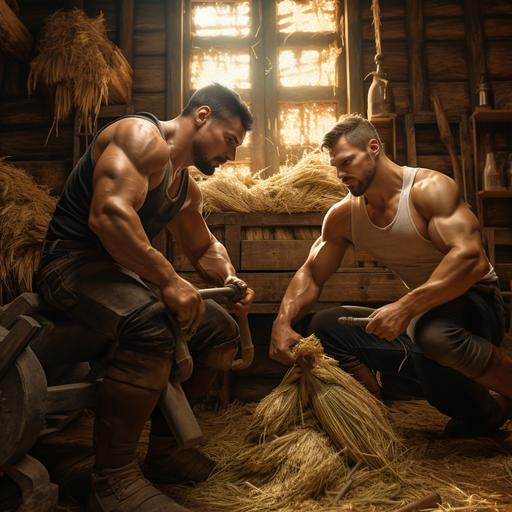 muscular guys hreshing barley in a barn realistic cottagecore