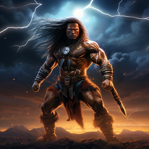muscular hawaiian warrior, spears, football field, nighttime, lightning, cinematic, cartoon