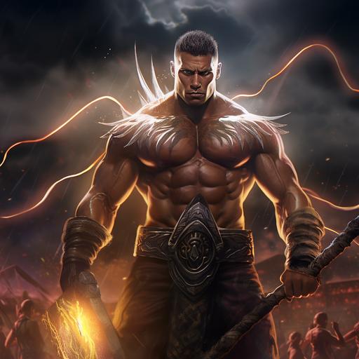 muscular hawaiian warrior, spears, football field, nighttime, lightning, cinematic, cartoon