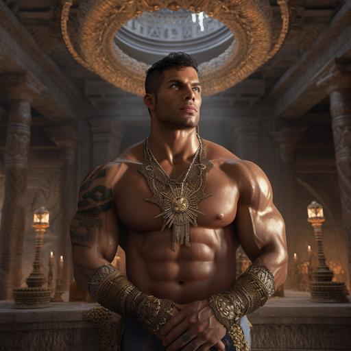 muscular man wearing a jewel encrusted throbe inside an ancient shrine, 4k ultra realistic.
