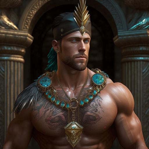 muscular man wearing a jewel encrusted throbe inside an ancient shrine, 4k ultra realistic.