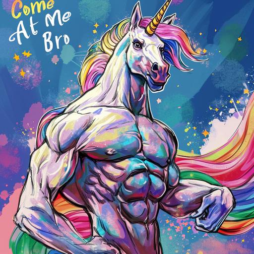muscular, rainbow, unicorn with letters saying 