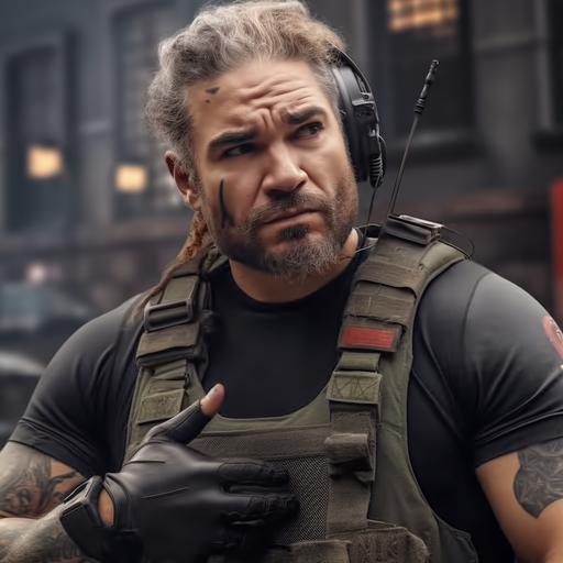 , , muscular special forces man, tactical vest with extra magazine clips in it, tattoos, holding a machine gun, ex-military mercenary contractor, tattoos, hyper detailed outfit, cinematic background, humvee in background, unreal engine, action movie scene, photo realistic