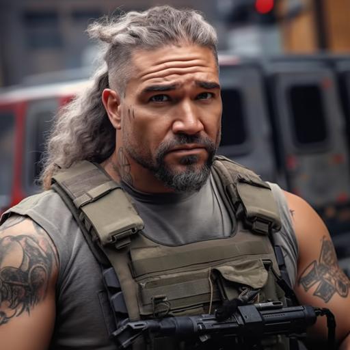 , , muscular special forces man, tactical vest with extra magazine clips in it, tattoos, holding a machine gun, ex-military mercenary contractor, tattoos, hyper detailed outfit, cinematic background, humvee in background, unreal engine, action movie scene, photo realistic