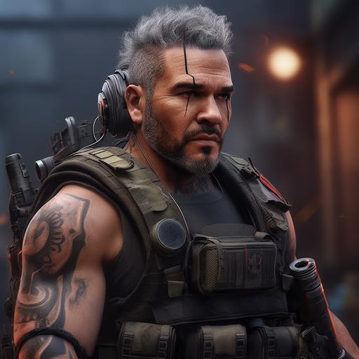 , muscular special forces man, tactical vest with extra magazine clips in it, tattoos, holding a machine gun, ex-military mercenary contractor, tattoos, hyper detailed outfit, cinematic background, humvee in background, unreal engine, action movie scene, photo realistic