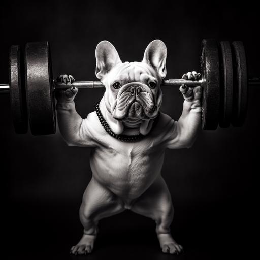 muscular white french bulldog lifting weights