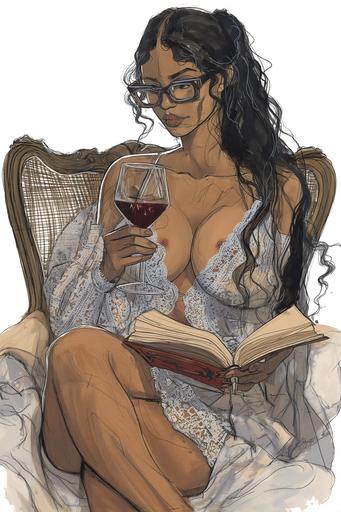 musha style illustration, unparalleled beauty, light skin black american model, older fully mature woman in her mid 40s, lace night dress, glasses, long straight hair in a messy ponytail , hourglass figure, fat on chest, model is drinking wine and reading book --v 6.0 --ar 2:3