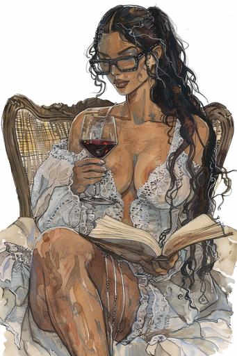 musha style illustration, unparalleled beauty, light skin black american model, older fully mature woman in her mid 40s, lace night dress, glasses, long straight hair in a messy ponytail , hourglass figure, fat on chest, model is drinking wine and reading book --v 6.0 --ar 2:3