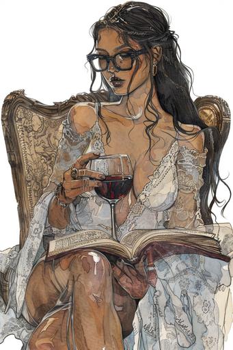 musha style illustration, unparalleled beauty, light skin black american model, older fully mature woman in her mid 40s, lace night dress, glasses, long straight hair in a messy ponytail , hourglass figure, fat on chest, model is drinking wine and reading book --v 6.0 --ar 2:3