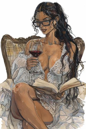 musha style illustration, unparalleled beauty, light skin black american model, older fully mature woman in her mid 40s, lace night dress, glasses, long straight hair in a messy ponytail , hourglass figure, fat on chest, model is drinking wine and reading book --v 6.0 --ar 2:3