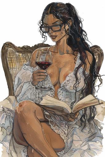 musha style illustration, unparalleled beauty, light skin black american model, older fully mature woman in her mid 40s, lace night dress, glasses, long straight hair in a messy ponytail , hourglass figure, fat on chest, model is drinking wine and reading book --v 6.0 --ar 2:3