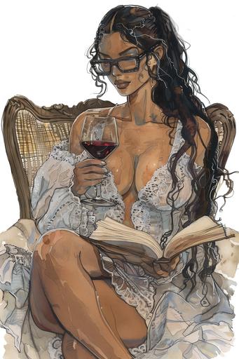 musha style illustration, unparalleled beauty, light skin black american model, older fully mature woman in her mid 40s, lace night dress, glasses, long straight hair in a messy ponytail , hourglass figure, fat on chest, model is drinking wine and reading book --v 6.0 --ar 2:3