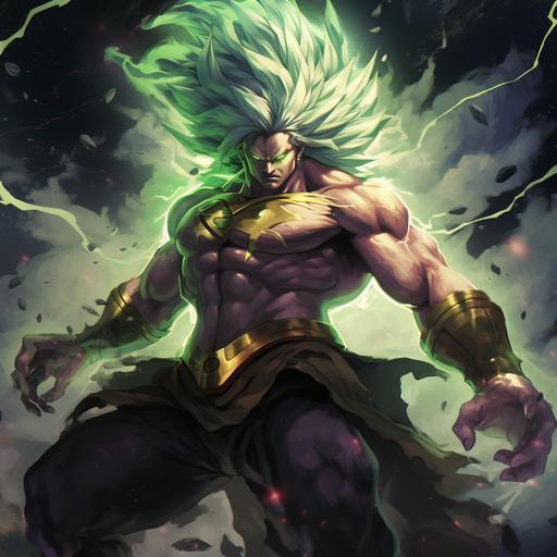broly with green hair and lightning coming off of him going super saiyan flying into space with earth behind him, eyes glowing green closing his fists, scar on his chest, comic drawing book style, detailed, space in background with stars
