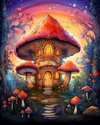 mushroomcore, mushroom fairy house, coloring book, in the style of magic realism, vibrant watercolor landscapes, aquarellist, light gold and dark cyan, fantasy surrealism, light orange and dark magenta, joyful celebration of nature --ar 4:5