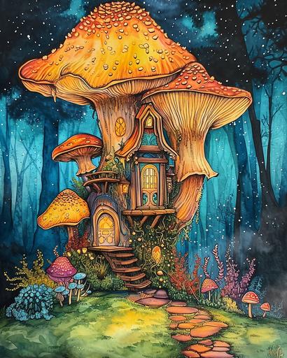 mushroomcore, mushroom fairy house, coloring book, in the style of magic realism, vibrant watercolor landscapes, aquarellist, light gold and dark cyan, fantasy surrealism, light orange and dark magenta, joyful celebration of nature --ar 4:5 --v 6.0