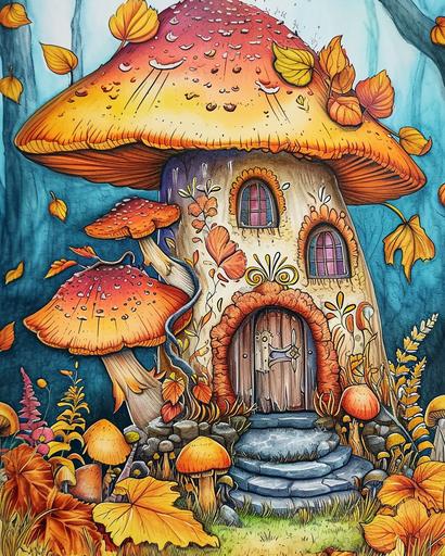 mushroomcore, mushroom fairy house, coloring book, in the style of magic realism, vibrant watercolor landscapes, aquarellist, light gold and dark cyan, fantasy surrealism, light orange and dark magenta, joyful celebration of nature --ar 4:5 --v 6.0