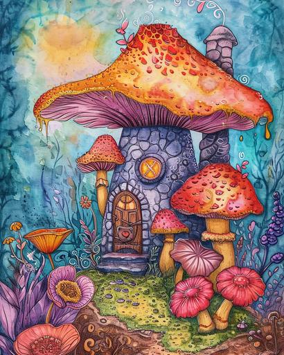 mushroomcore, mushroom fairy house, coloring book, in the style of magic realism, vibrant watercolor landscapes, aquarellist, light gold and dark cyan, fantasy surrealism, light orange and dark magenta, joyful celebration of nature --ar 4:5 --v 6.0