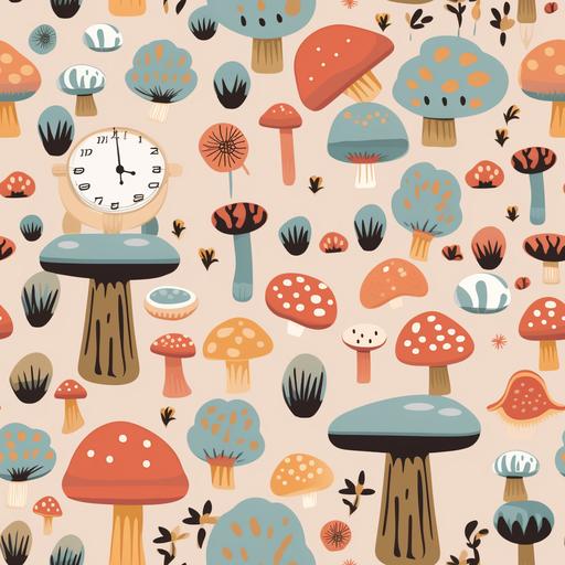 mushrooms, chairs, and clocks in pastel colors, non cartoon, hd, --tile