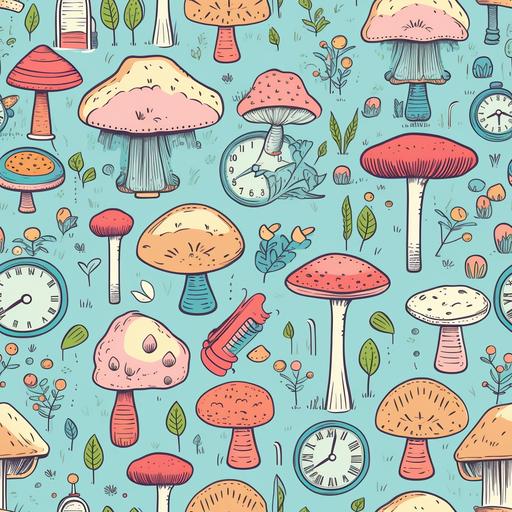 mushrooms, chairs, and clocks in pastel colors, non cartoon, hd, --tile