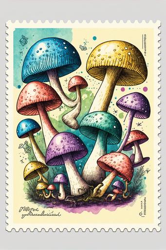 mushrooms stamps, trippy fantasy psihedelic, white background, --ar 2:3 --v 4 --q 2 --s 750