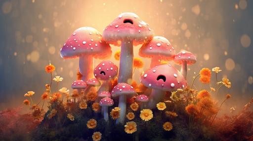 mushrooms surreal art with flowers and smiley faces --ar 16:9