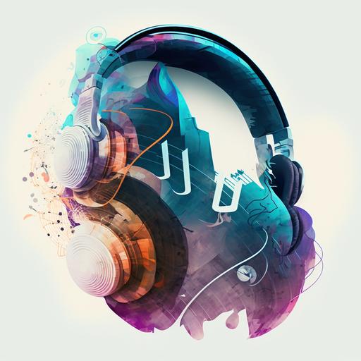 music notes, double exposure abstract of DJ headphones, poster art, cel-shading render