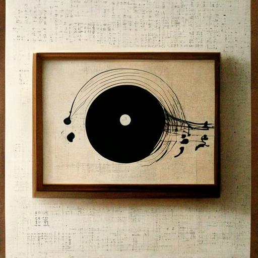 music notes floating up from record player , Japanese style drawing