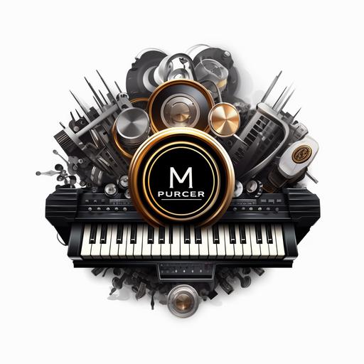 music producer logo, incased inside a circle crest, with piano keys, mixer board, speakers, 4k, hd, super realistic, white background