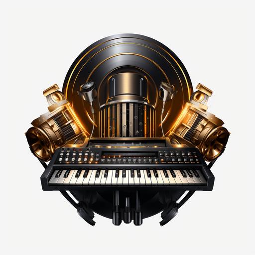 music producer logo, incased inside a circle crest, with piano keys, mixer board, speakers, 4k, hd, super realistic, white background