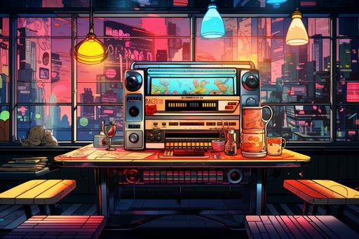 musical jukebox, retro 🍔 burger bar, record player, cassette futurism, cel shading, procreate, hypermaximalist, --ar 3:2 --c 22 --s 222