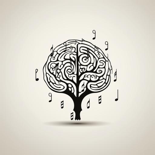 musical notes in the shape of a brain in neural pathways , logo, vector, black and white, simple illustration