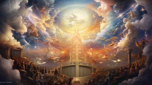 musical orchestra in the temple of God, heaven, golden decoration, clouds, rainbow, wallpaper, --ar 16:9